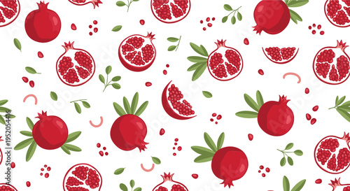 Pomegranate seamless pattern vector illustration with whole fruits, slices, seeds and leaves, fresh organic food background design collection