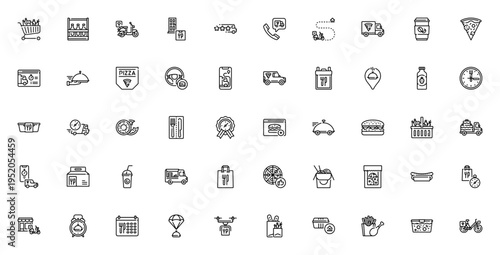 Food Delivery icon set. Vector illustration pack with grocery cart, moped, pizza, truck, smartphone, clock and more. Fast delivery, restaurant and shipping symbols.