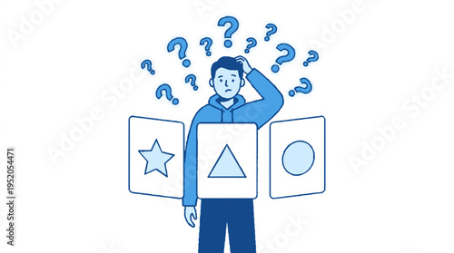 Confused person choosing between shapes questioning decision dilemma uncertainty concept