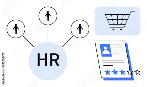 HR hub connects to candidates, shopping cart symbolizes hiring decisions, profile with ratings. Ideal for recruitment, talent management, hiring process, employee relations, career development
