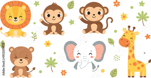 Cute safari animals vector illustration set with lion, monkey, elephant, giraffe and bear, adorable cartoon wildlife collection for kids design