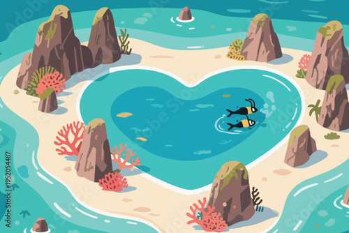 Illustration Of A Heart-Shaped Island With Large Rocks And Coral Vector Design Template