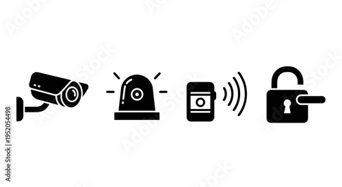 Security icons with camera and lock.