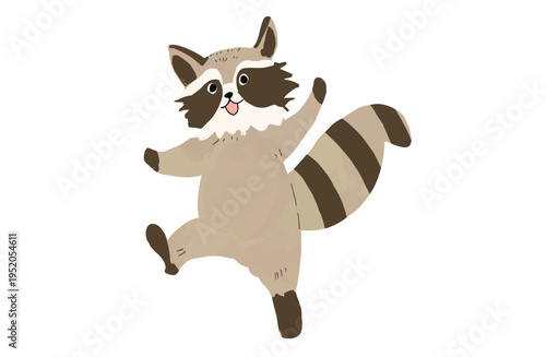 万歳をして喜ぶアライグマのキャラクター 手描き水彩風イラスト