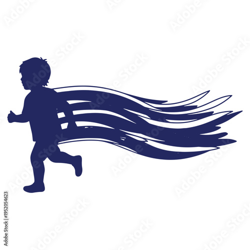 Running Boy with a Stream of Motion Trails Emphasizing Speed and Freedom of Childhood and Growth