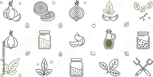 Herbs and spices line icons set with garlic onion leaves oil jars and seasonings, natural organic cooking ingredients vector illustration collection