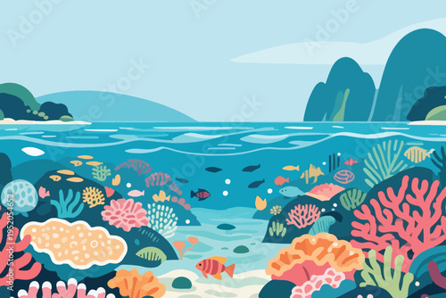 Beautiful Landscape Illustration Of Coral Reefs And Fish With Mountains Vector Design Template
