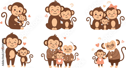 Cute monkey family set with parents children and grandparents, happy loving characters showing family relationships, adorable cartoon vector illustration collection