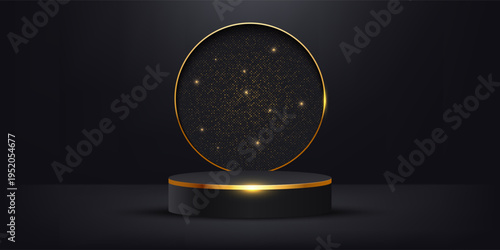 Luxurious 3d studio space with black and gold circle pedestal podium and glitter