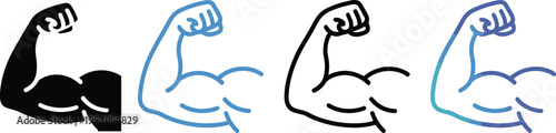Set of strong bicep arm muscle icons in silhouette and line art styles for fitness branding and bodybuilding gym logos.