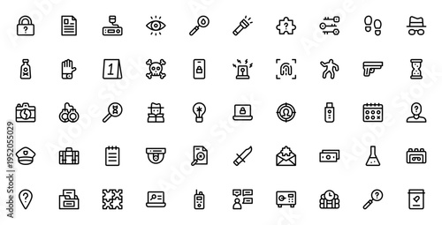 Private Detective icon set. Vector line icons pack. Includes symbols for lock, evidence, fingerprint, gun, camera, puzzle, suspect and more. Editable stroke.