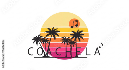 Coachella music festival logo with palm trees and sunset background