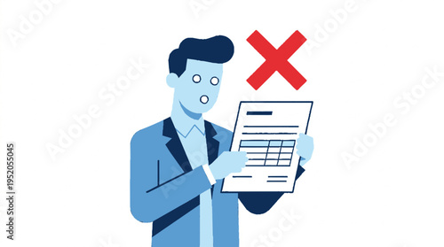Businessman holds document with shocked expression under large red x symbol