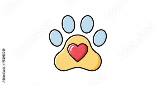 Cute cartoon dog paw print with red heart symbol on yellow background love animal concept