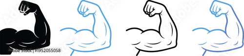 Set of strong bicep arm muscle icons in silhouette and line art styles for fitness branding and bodybuilding gym logos.