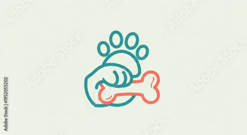 Colorful dog paw and hand holding bone logo on light green background for pet care or animal related business