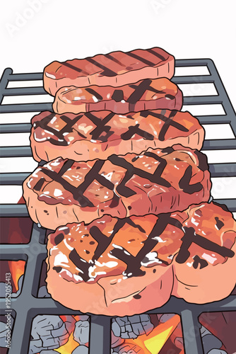 Grilling steaks on a barbecue at a backyard cookout during the summer evening with friends and family enjoying outdoor fun