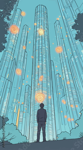 Tall towers reach the sky as a person stands on the ground looking up at bright circular lights in a futuristic cityscape scene