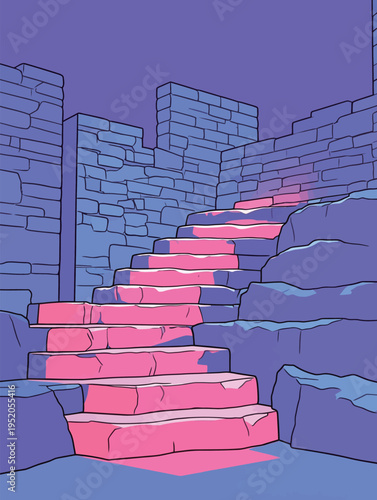 Stairs lead up through a stone structure surrounded by rocks and walls at dusk with purple and pink colors in the sky