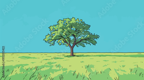 Bright green tree stands alone in a vast field under a blue sky during daytime