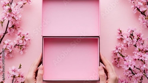 Hands opening an empty pink gift box surrounded by blooming branches