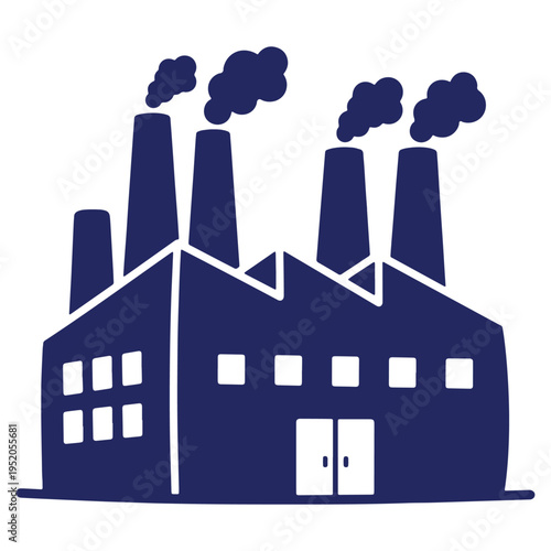 Stylized Factory Silhouette with Smoking Chimneys Illustration in Dark Blue and White Environmental Concerns Visual