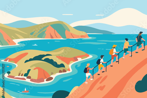 Illustration Of A Group Of Young People Climbing A Hill, With A View Of The Island Across The Beach Vector Design Template