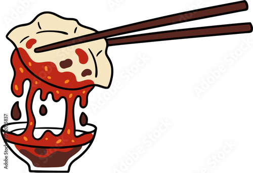 Delicious hand drawn cartoon illustration of Chinese dumpling with dripping spicy chili oil
