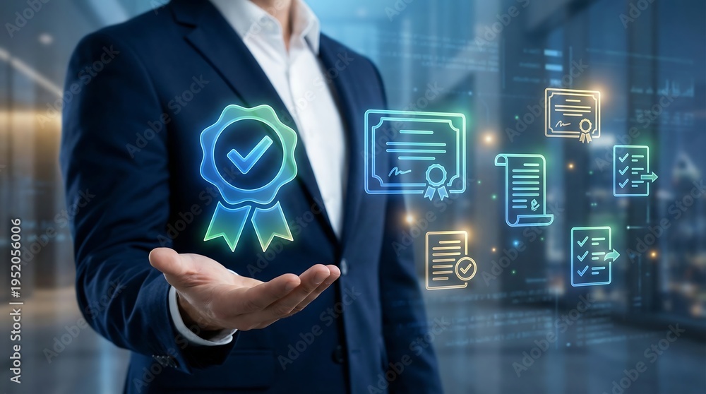 Obraz premium A professional businessman in a dark suit presents a vibrant, glowing quality approval badge and various certification documents hovering above his open palm.