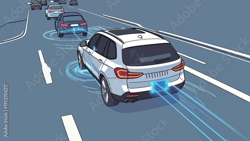 Cars engage in driving on a highway with focus on technology used for safe distance while in motion