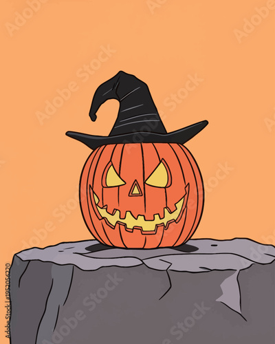 Carved pumpkin with witch hat on a stone during Halloween season celebration