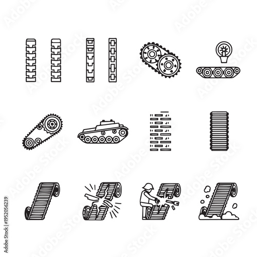 Tank Treads and Components Vector Icons Set