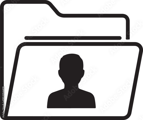 A black and white icon of a person's profile in a file folder
