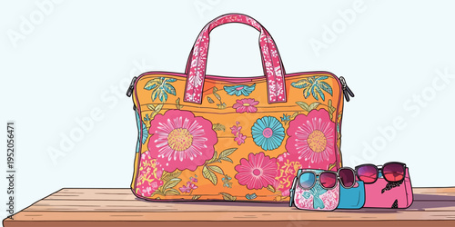 Bright floral bag with matching sunglasses on a wooden table during a sunny day
