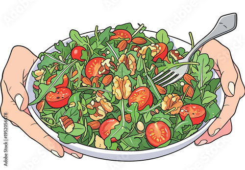 Bowl of fresh salad held by hands with cherry tomatoes, nuts, and greens ready for serving at a dining table
