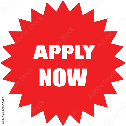 A red starburst shape with apply now text