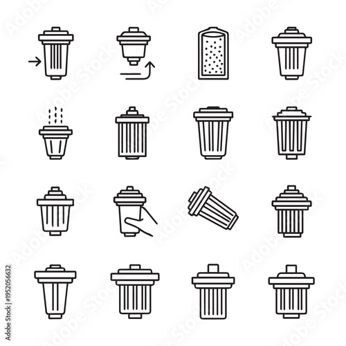 Trash Can Icons Collection: Various Designs and Actions Line Art Style