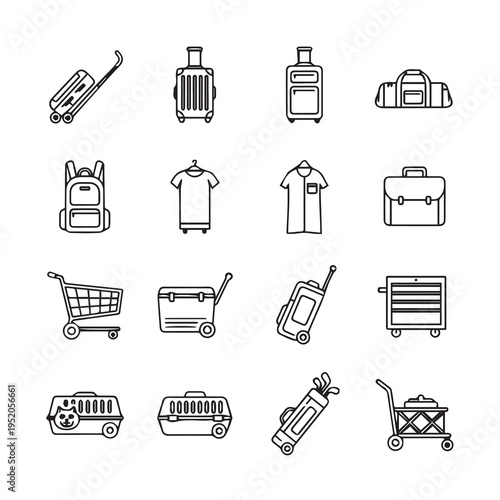Travel and Luggage Icons Set: Suitcases Bags Carts and Pet CarrierLine Art