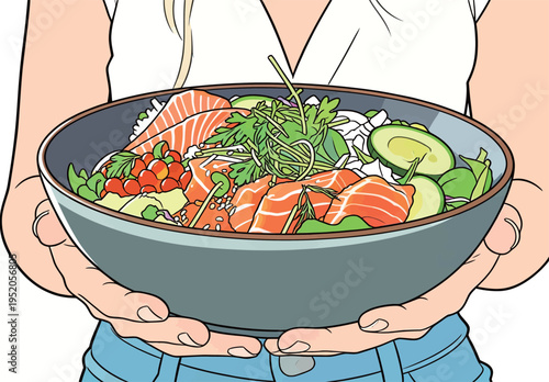 Person holds a large bowl of sushi ingredients in a casual setting during lunchtime with bright colors and fresh items