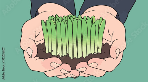 Hands hold young green grass seedlings with soil on a plain background during a gardening activity