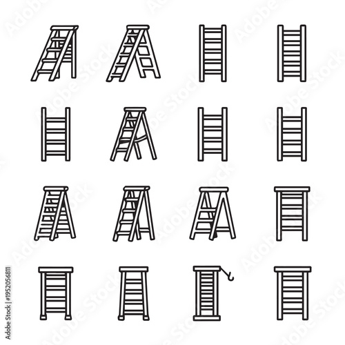 Variety of Ladder Icons and Line Art Illustrations for Construction and DIY Projects