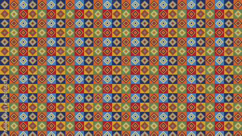 Vibrant seamless geometric pattern vector with colorful squares and diamond shapes, ideal for textile, fabric, wallpaper, digital paper, and background designs