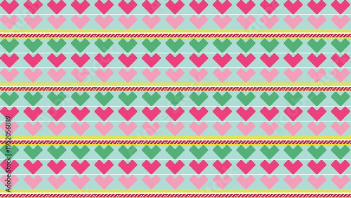 Seamless vector pattern with rows of pink and green hearts and yellow striped borders on a light blue background, ideal for romantic, festive, or decorative designs, textiles, and digital media.