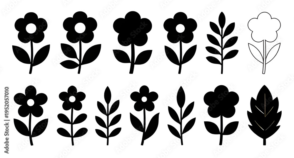 Fototapeta premium flowers, flower, floral, blossom, bloom, petal, petals, rose, daisy, lily, tulip, orchid, sunflower, botanical, plant, nature, garden, leaf, leaves, stem, black, white, monochrome, silhouette, silhoue