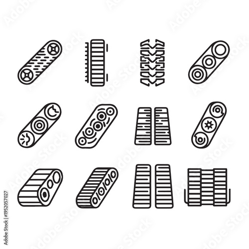 Various drive belts and tracks icons line art engineering components mechanical parts