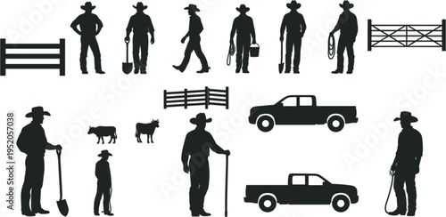 Black vector silhouette collection of cowboys farmers workers with pickup trucks cows and ranch fences isolated on white background