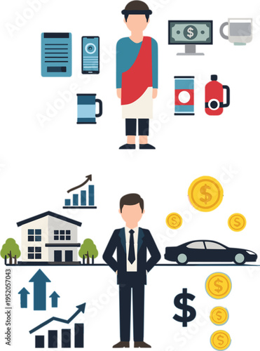Comparison between simple lifestyle with basic needs and modern successful life with luxury house car and money vector