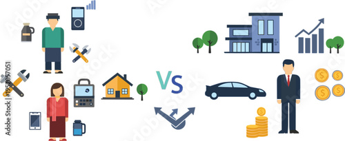 Comparison between simple village lifestyle with manual tools and modern wealthy life featuring luxury house car and money vector