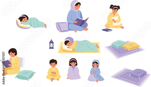 Large set of cute muslim children characters reading books sleeping and praying in pajamas with pillows and mats vector illustration
