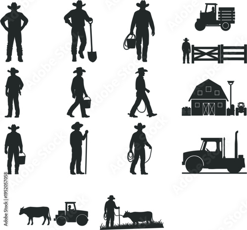 Large vector silhouette collection of farmers cowboys workers and rural machinery featuring barn tractor and cattle isolated on white